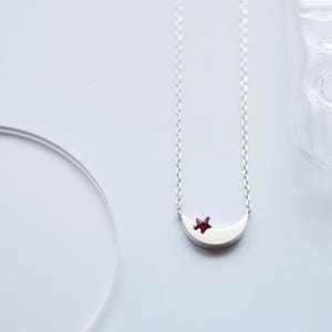 Half Moon Garnet Star Necklace 925 Sterling Silver Tiny Galaxy Crescent Moon January Birthstone