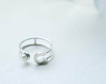 Pearl Safety Pin Ring 925 Sterling Silver Dainty Jewelry June Birthstone