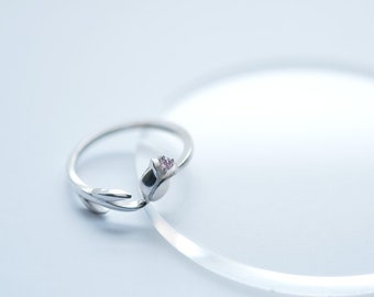 Pink Tulip Ring 925 Sterling Silver Dainty Ring Detailed Floral Ring Stacking Ring Flower Ring