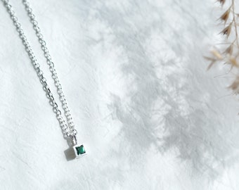 Micro Tiny Emerald Necklace 925 Sterling Silver Square Necklace Emerald Necklace Minimalist Necklace Dainty Jewelry May birthstone