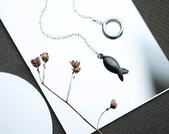 Black Fish Necklace 925 Sterling Silver Lariat Necklace Black Silver Oxidized Silver Necklace Y Necklace