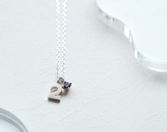 Number 2 Necklace Amethyst Necklace 925 Sterling Silver Dainty Necklace Lucky Number February Birthstone