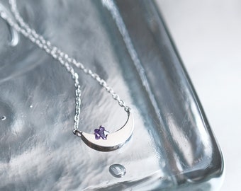 Half Moon Amethyst Star Necklace 925 Sterling Silver Tiny Galaxy Crescent Moon February Birthstone