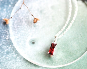 Square Garnet Necklace 925 Sterling Silver Garnet Necklace January Birthstone Tiny Necklace Red Garnet