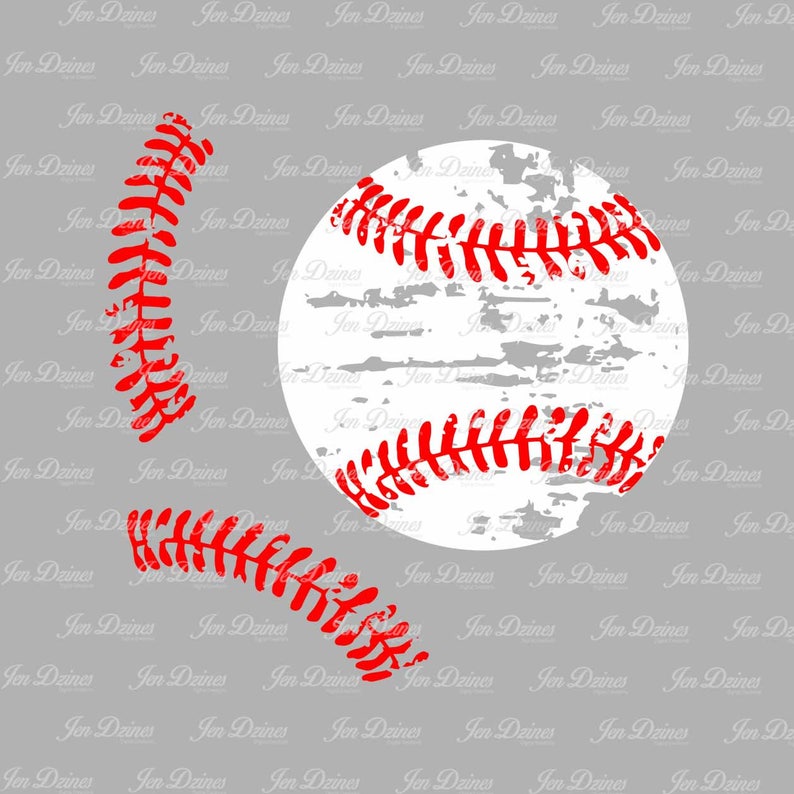 May include: A distressed white baseball with red stitching. The baseball is surrounded by two red baseball stitches.