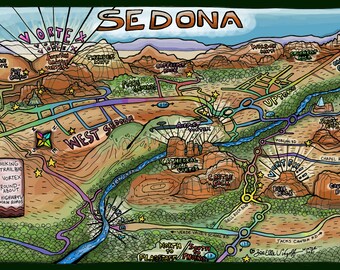 XL Sedona Map Print, illustrated by local artist, Vortex guide, Hiking guide