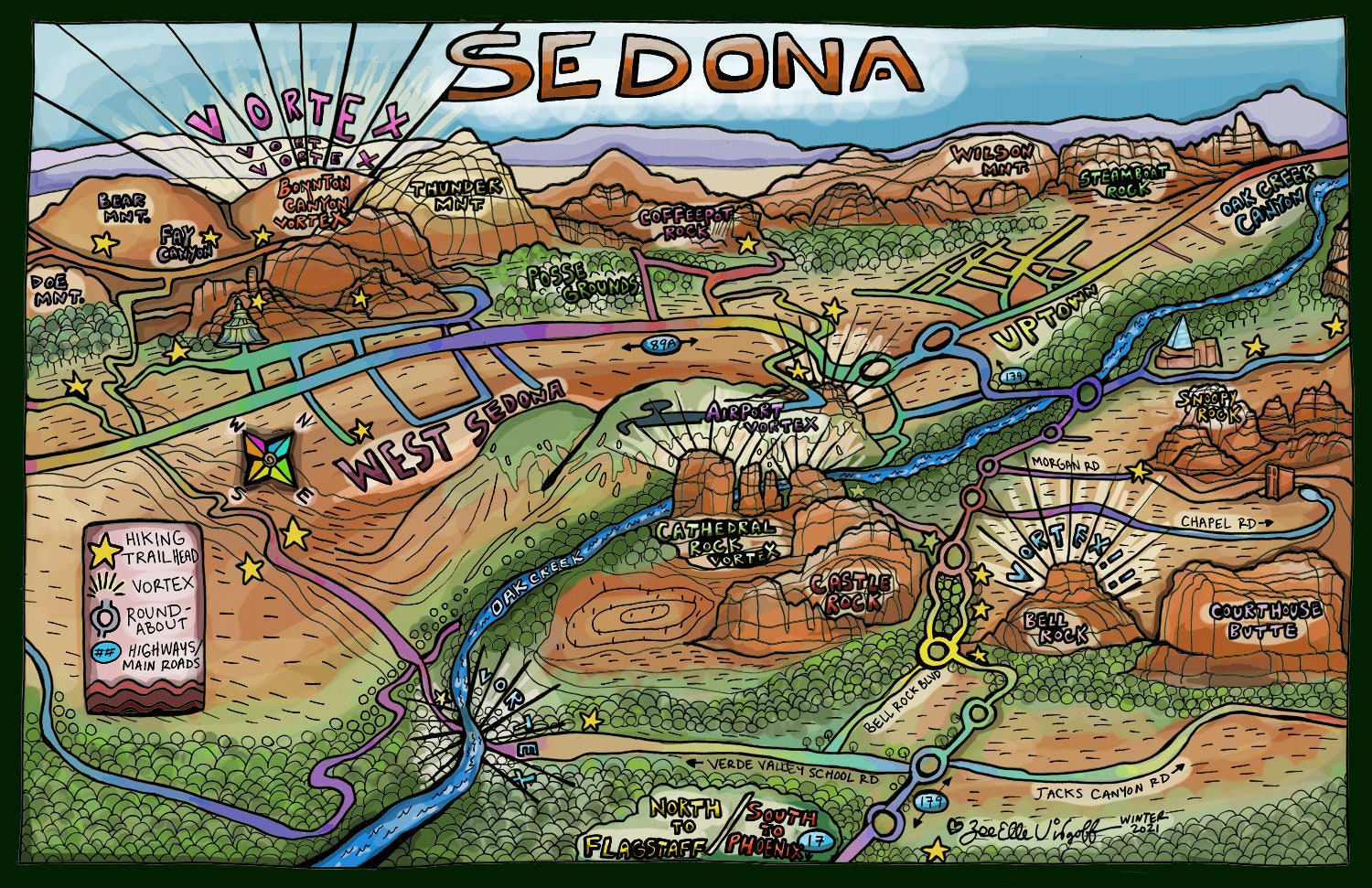 Sedona Map Illustrated By Local Artist Vortex Guide Hiking Etsy