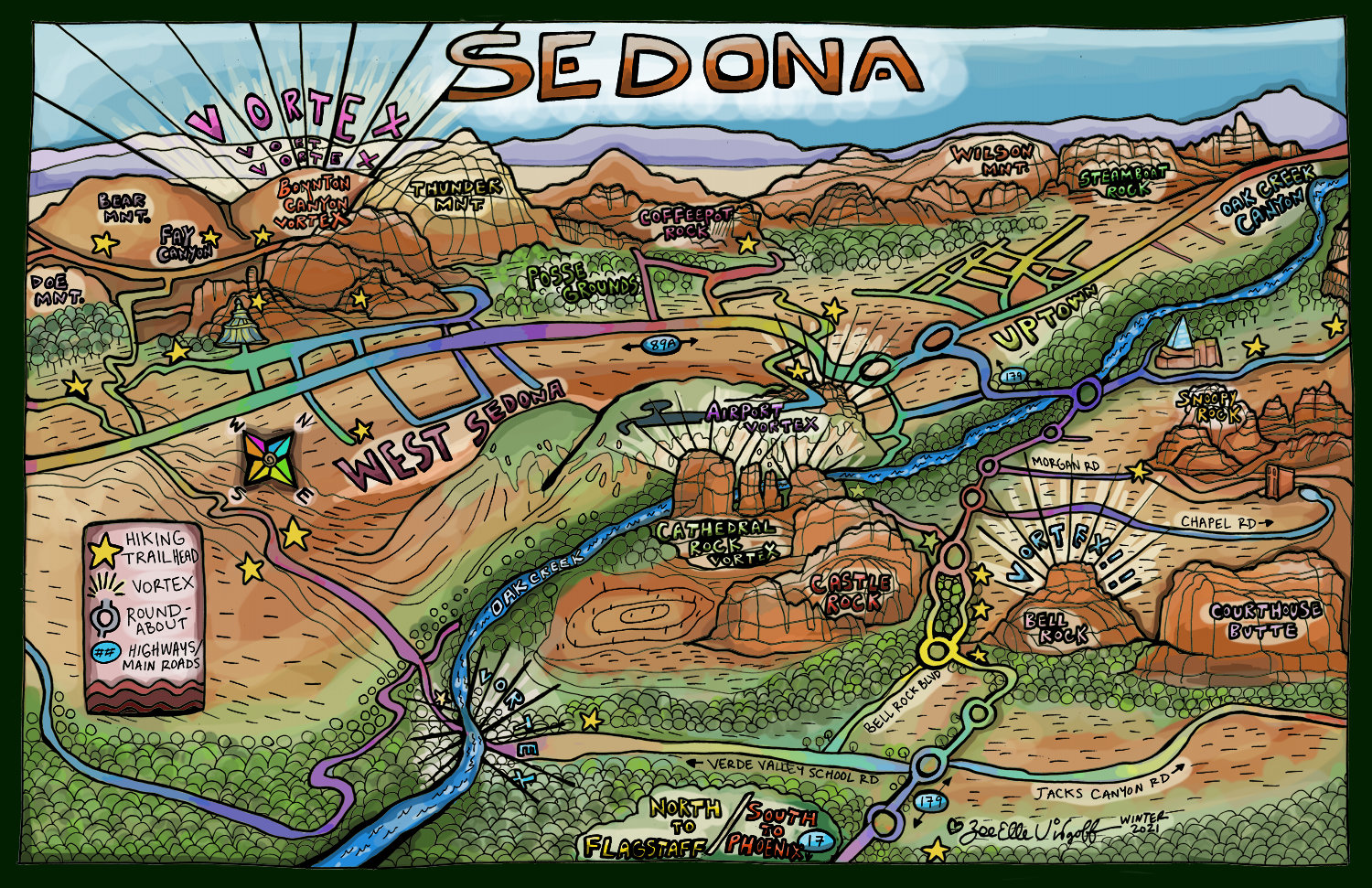 Sedona Map Illustrated By Local Artist Vortex Guide Hiking Etsy