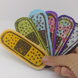 6 Band-aid Sew-On Patches--DIY Patches--SET 4--Linocut Block Print Felt and Cotton Fabric Patches