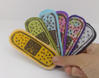 6 Band-aid Sew-On Patches--DIY Patches--SET 4--Linocut Block Print Felt and Cotton Fabric Patches