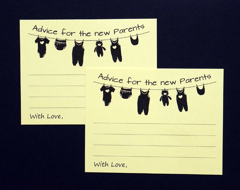May include: Two yellow advice cards for new parents. Each card has the text "Advice for the new Parents" and a clothesline with baby clothes illustrations. The cards also include the text "With Love," and lined spaces for writing.