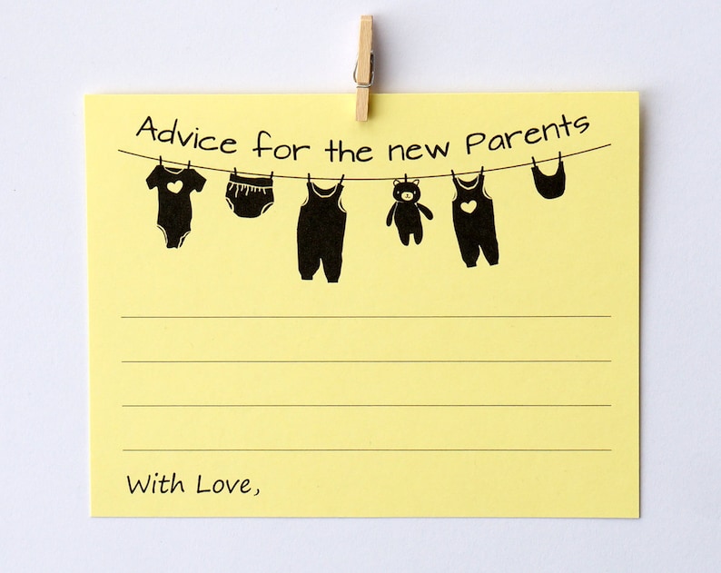 May include: A yellow sticky note with the text "Advice for the new Parents" and "With Love," printed on it. A clothesline graphic displays baby clothes and a teddy bear. The note is held by a wooden clothespin.