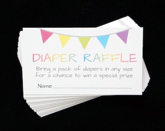 May include: A stack of white cards with the words "DIAPER RAFFLE" in colorful letters. The cards have a banner of colorful flags at the top and text that reads "Bring a pack of diapers in any size for a chance to win a special prize."