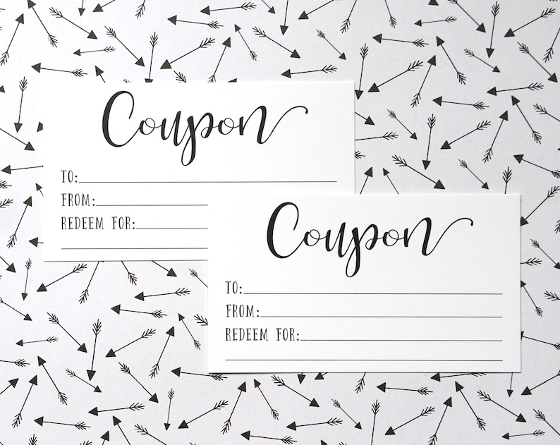 May include: Two white coupons with the word "Coupon" in elegant black script. Each coupon has lines for "To:", "From:", and "Redeem For:" against a background of black arrows on white.