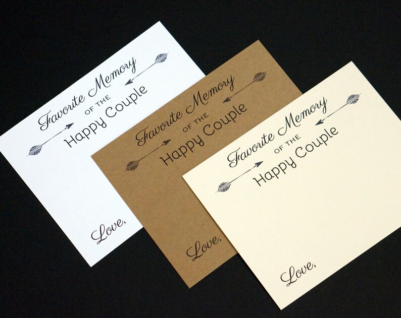 May include: Three square cards in white, brown, and cream, each with the text "Favorite Memory of the Happy Couple" and "Love," in black script. Arrows point towards the text.