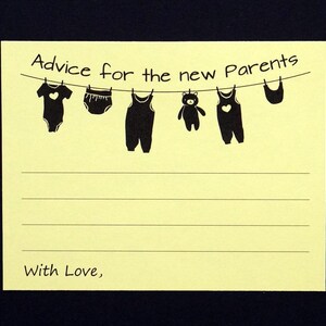 May include: A yellow card with the text "Advice for the new Parents" and "With Love," printed in black. Silhouettes of baby clothes hang on a clothesline above the lines for writing.