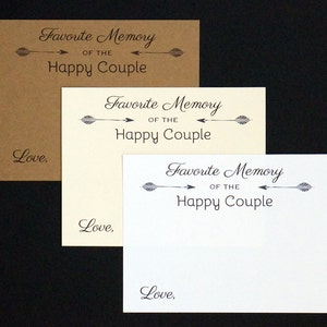 May include: Three cards in brown, cream, and white, each with the text "Favorite Memory of the Happy Couple" and "Love," in black script. Arrows flank the text. The cards are arranged on a black background.