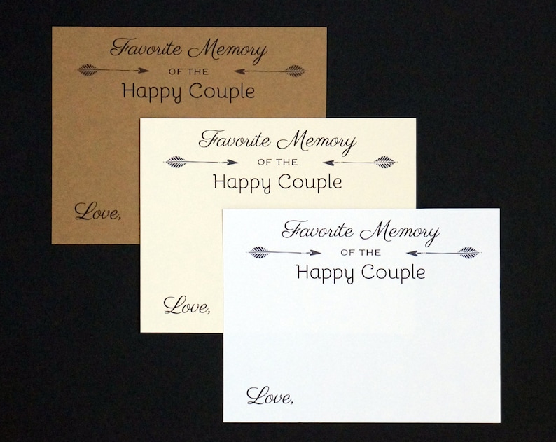 May include: Three cards in brown, cream, and white, each with the text "Favorite Memory of the Happy Couple" and "Love," in black script. Arrows flank the text. The cards are arranged on a black background.
