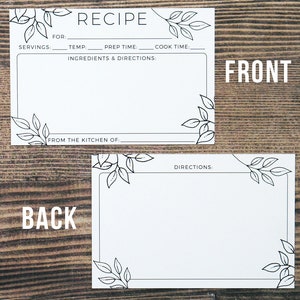 May include: Two white recipe cards with black leaf corner designs. The front card reads "RECIPE" and includes fields for ingredients and directions. The back card has a blank space for directions. The word "FRONT" and "BACK" are also visible.