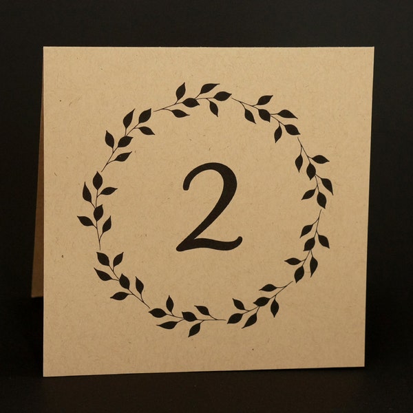 Kraft Wedding Table Numbers - Tent Style Cards - Rustic Country Barn Wedding - Leaf Circle Wreath - Folded Free Standing - 5.5 by 5.5 in