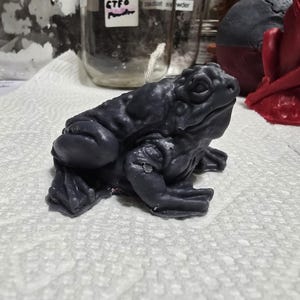 Op de afbeelding: Een donkergrijze kikkerfiguur met een getextureerd oppervlak. De kikker zit op een wit oppervlak.