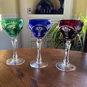 Bohemian Crystal Cut to Clear Wine Glasses…Set of 3…Green, Blue, Cranberry