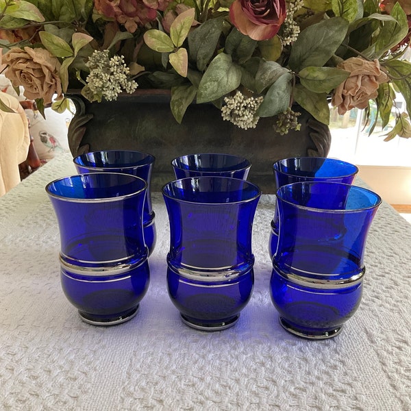 Depression Era Art Deco Cobalt Blue Tumblers Silver Overlay Ser of 6