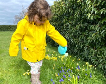 Kids yellow red or navy raincoat, unisex boys girls bright fun coat jacket baby toddler waterproof 100% cotton lined with hood