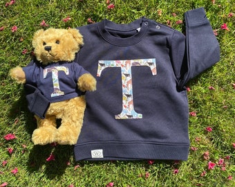 Kids personalised jumper and matching teddy gift set. Children's navy sweatshirt and toy present gift. Boy Girl Unisex