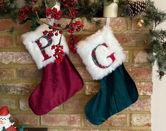 Personalised traditional emerald green Christmas stocking sack. Quality velvet and white fur with velvet hanging loop