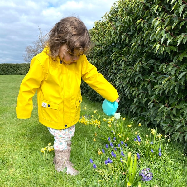 Kids yellow red or navy raincoat, unisex boys girls bright fun coat jacket baby toddler waterproof 100% cotton lined with hood