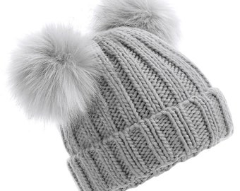 Kids pom pom grey hat infant/junior faux fur double pompom beanie