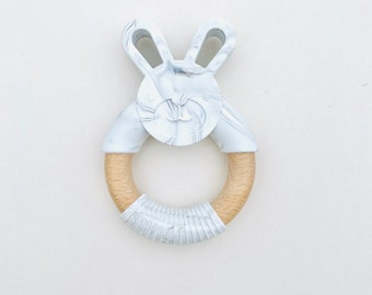 Baby Silicone Teething Toy Ring Wooden Bunny Teether Toy Uk seller White marble, pink  blue. Neutral boy girl unisex