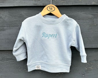 Children's Personalised custom Blue Jumper sweatshirt  6 months - 3 years. Machine embroidered. Baby shower gift, toddler birthday present.