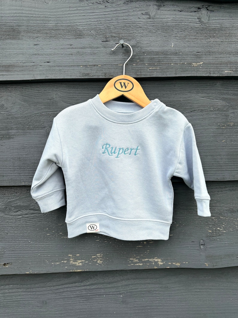 Sweat-shirt bleu personnalisé pour enfant, 6 mois 3 ans. Brodé à la machine. Cadeau de baby shower, cadeau d'anniversaire de tout-petit. image 1