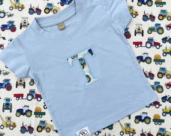 Kids T-shirt personalised monogram handmade initial children's top. Pale blue