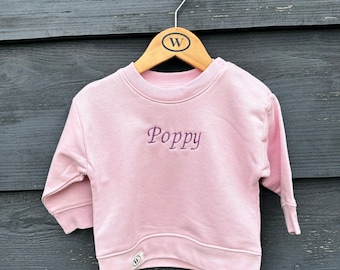 Children's Personalised custom Pink Jumper sweatshirt  6 months - 3 years. Machine embroidered. Baby shower gift, toddler birthday present.