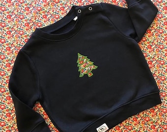 Sweat-shirt Sapin de Noël bleu marine pour enfants de 6 mois à 6 ans. Motif floral Liberty de Londres