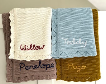 Personalised WatsonKids knitted 100% cotton blanket. Perfect baby shower, newborn gift, birth annocement. Hand embroidered