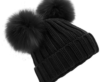 Kids pom pom black hat infant/junior faux fur double pompom beanie