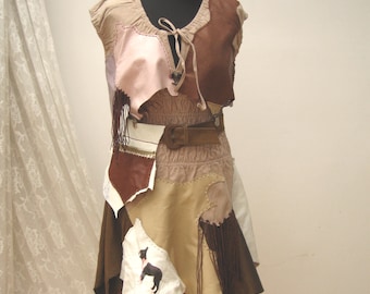 Leather set, Post apocalyptic inspired dress, Collage reworked dress, Upcycled leather set, Hand made dress, Art to wear, Upcycled Clothing