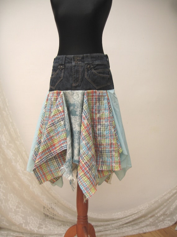 Denim Festival folk midi skirt Boho upcycled skirt gypsy | Etsy