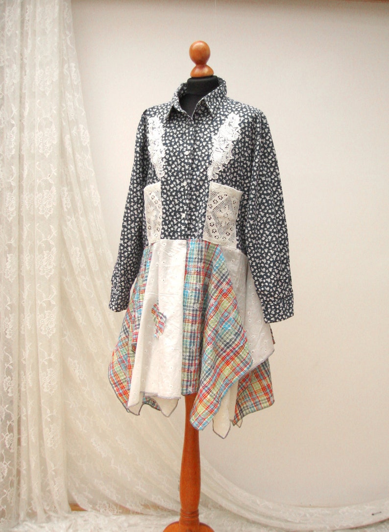gypsy cotton blouse hippie style cotton bohemian blouse upcycle clothing boho reworked mini dress Denim reworked tunic