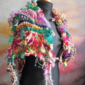 Crochet Boho Altered Shawl, textil cape, colorful shawl , hand made artwork, textile collage, collage scarf, Wearable Art, Art to wear,