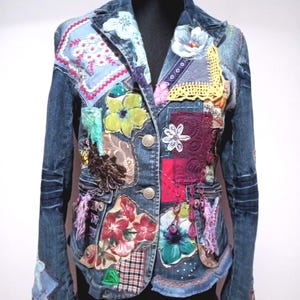 Boho Upcycled Denim Jacket, Wearable Art, Hand Embroidered, Art to wear,Boho style,Gypsy Jacket, Hippie Jacket, Upcycled Clothing