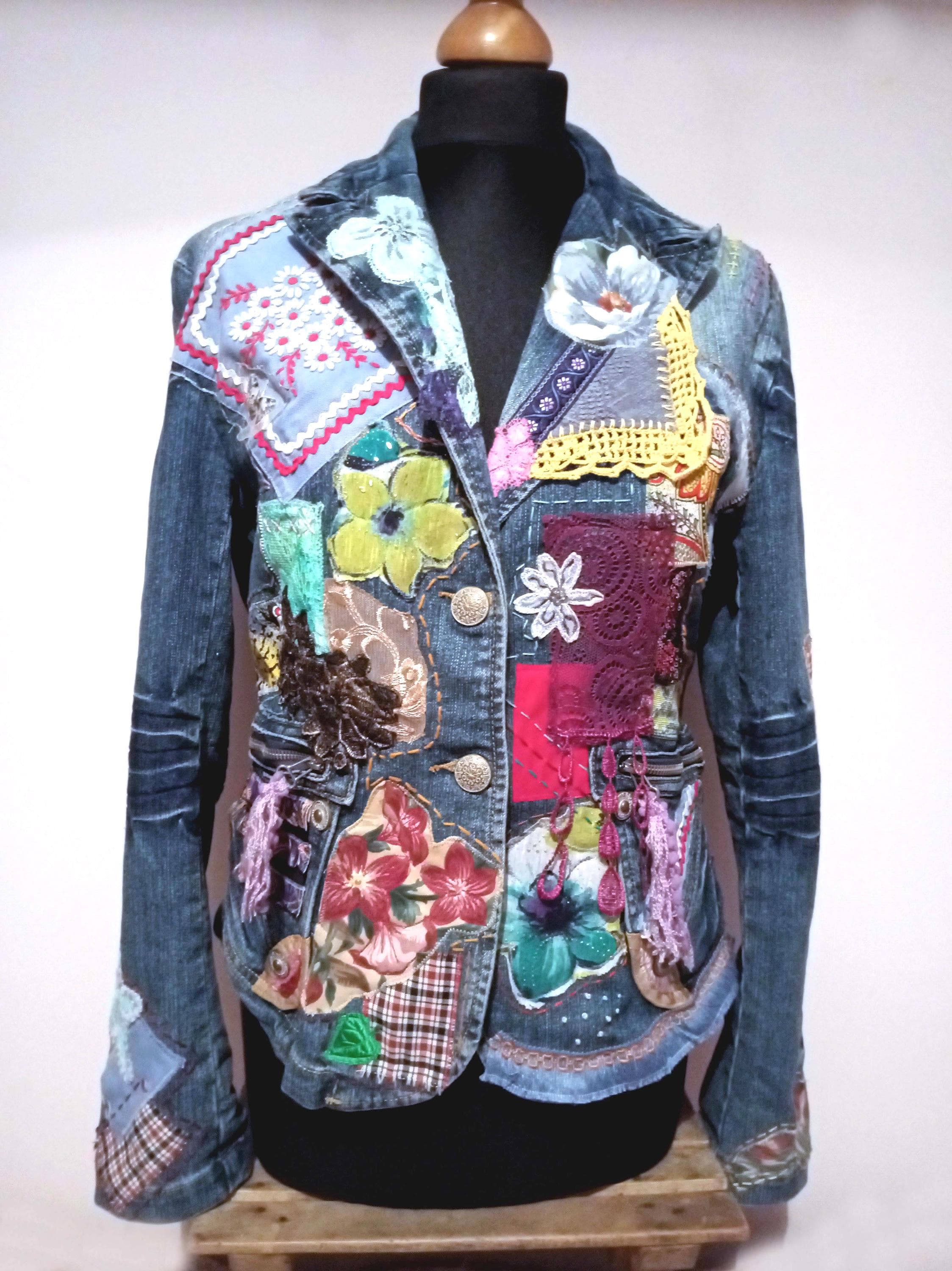 Boho Upcycled Denim Jacket, Wearable Art, Hand Embroidered, Art to wear,Boho style,Gypsy Jacket, Hippie Jacket, Upcycled Clothing