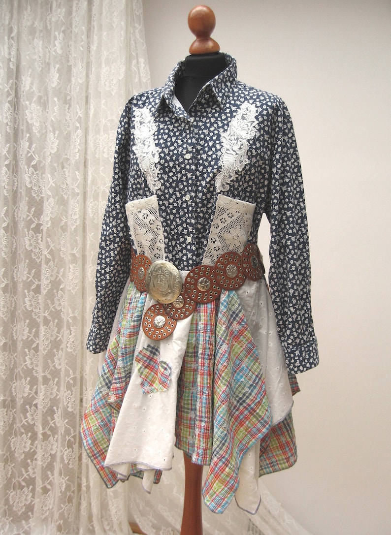 gypsy cotton blouse hippie style cotton bohemian blouse upcycle clothing boho reworked mini dress Denim reworked tunic