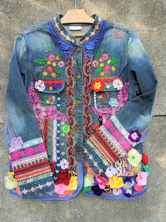 Plus Size Boho Denim Jacket Wearable Art Hand Embroidered | Etsy