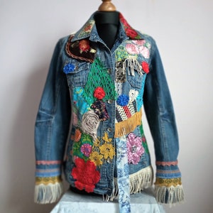 Upcycled Boho Denim Jacket, Wearable Art, Hand Embroidered, Art to Wear ...