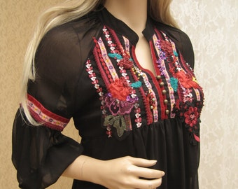 Romantic black boho inspired tunic-dress,hand embroidery,with silk hand made roses, retro bohemian, reworked, upcycled clothing, Art to wear
